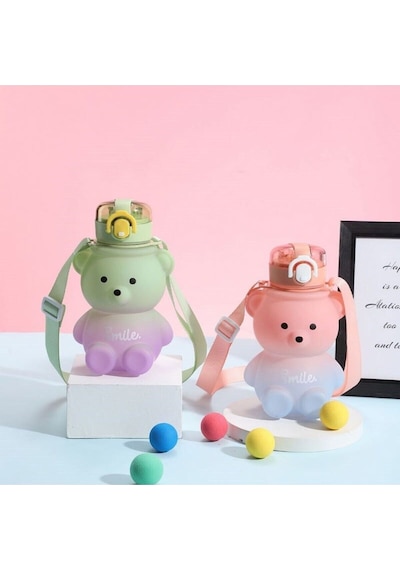 Smile Ayıcıklı Matara 800 Ml Su Şişesi Beyaz Plastik Diğer