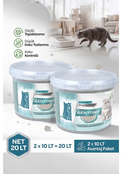 Naturel Bentonit Kedi Kumu 2x10 Lt - İnce Taneli Güçlü Topaklanan Kokusuz Tozsuz Kovalı