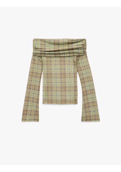 Koton Uzun Kollu Slim Fit Omzu Açık Ekose Tişört Yeşil Ekose 6wal10573ık Yeşil Ekoseli