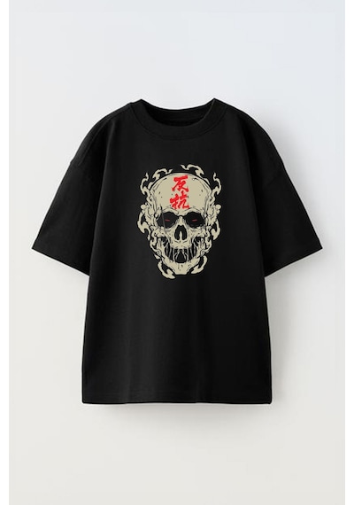Thewert Unisex Kırmızı Yazılı Kurukafa Tasarım Baskılı Pamuk Sıyah Oversize T-shirt Siyah