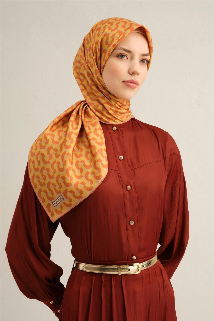 Armine Klasik Desenli Saf İpek Twill Eşarp 9321d 51 Turuncu