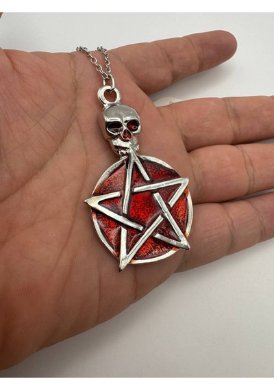 Kırmızı Skull Pentagram Gothic Figürlü Unisex Kolye 60 Cm Zincirli Gotik, Antik Ve Mistik Tasarım Çok renkli