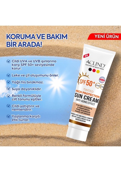 Aclind Spf 50+ Kapatıcı Etkili Renkli Yüz Güneş Kremi - Yaşlanma Karşıtı Cilt Tonu Eşitleyici 50 Ml
