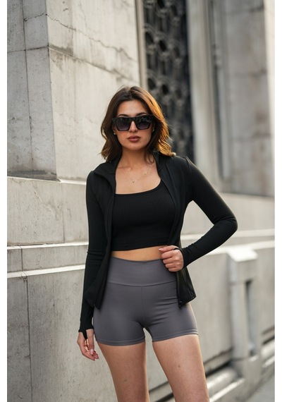 Gugus Kadın Spor Baskısız Ceket Fermuarlı Parmak Geçirmeli Model Siyah