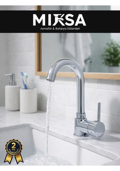 Armut Baston Borulu Banyo Lavabo Bataryası Çeşmesi Musluğu Çift Su Girişli Krom