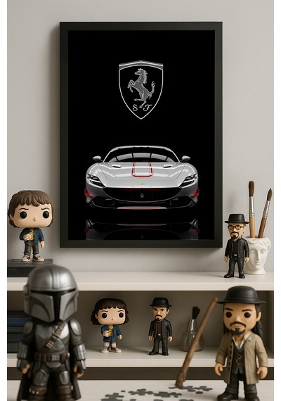 Ferrari Roma Siyah Ahşap Çerçeveli Poster, Dekoratif Araba Duvar Tablosu
