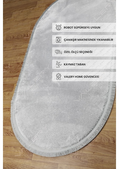 Comfort Oval Overloklu Peluş Halı Gri Gri Düz Saçaklı Oval