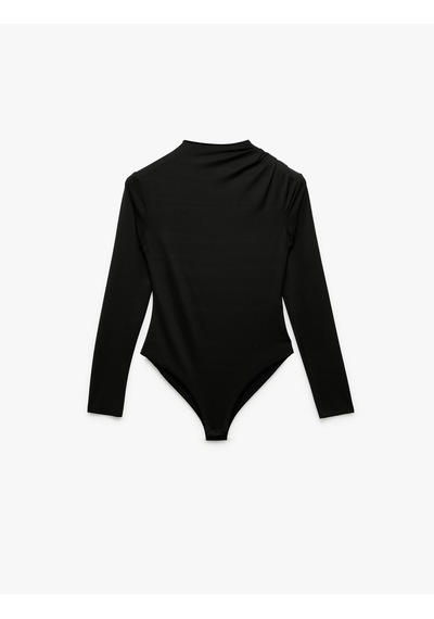 Koton Slim Fit Hafif Dik Yaka Drape Detaylı Uzun Kollu Bodysuit Siyah 6wak80083ek Siyah