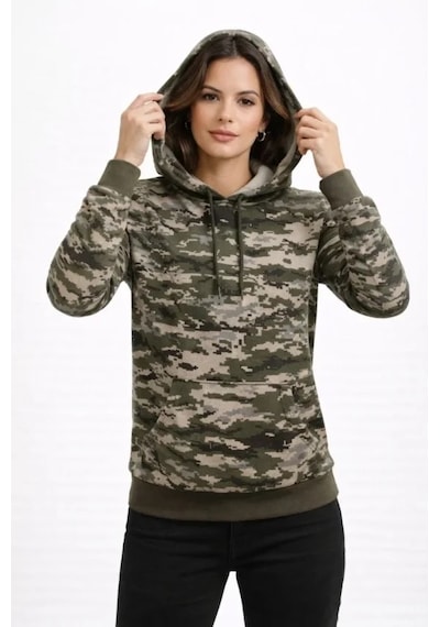 Kamuflaj Desenli 2 İplik 4 Mevsim Kapüşonlu Kanguru Cepli Hoodie Sweatshirt - Kamuflaj