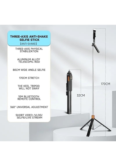 3 Eksen Anti Shake Stabilizasyonlu Selfie Çubuğu Tripod 170 Cm Uzatılabilir Alüminyum Gövde 10 M Bluetooth Kumanda 360 Ayar 1/4 Vida Kamera Vlog Canlı Yayın Np-l6s