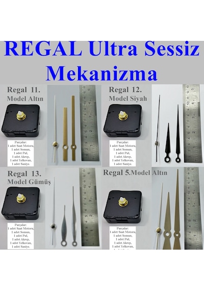 Regal Duvar Saati Motoru Metal Akrep Yelkovan Sessiz Mekanizma Siyah