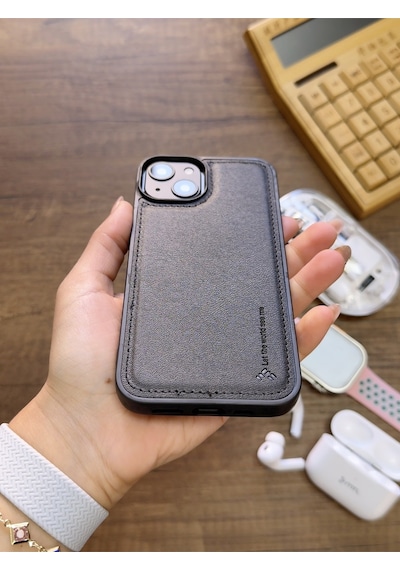 Apple iPhone 14 Uyumlu Premium Deri Dokulu Darbelere Karşı Dayanıklı Nazal Silikon Kılıf Siyah