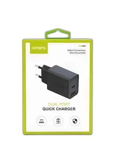 Omars 18w Çift Çıkışlı Type-c - Usb Hızlı Şarj Cihazı Ve 1 Metre Type-c Kablo