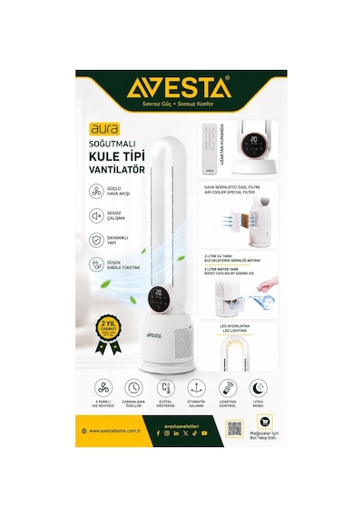 Aura Su Buz Soğutmalı Dokunmatk Led Ekran Sağ Sol Salınımlı Uzaktan Kumandalı Kule Vantilatör Aura Su Buz Soğutmalı Dokunmatk Led Ekran Sağ Sol Salınımlı Uzaktan Kumandalı Kule Vantilatör