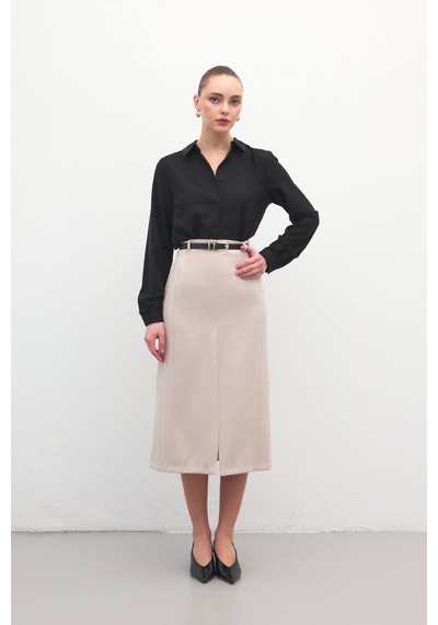Sateen Anna Yırtmaçlı Etek - Bej-137173 Bej