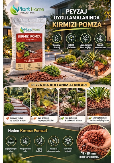 Kırmızı Pomza 10 Litre 5-15 Mm Bitki Toprağı Drenaj Taşı Saksı, Peyzaj Ve Bahçe Kullanımı Diğer