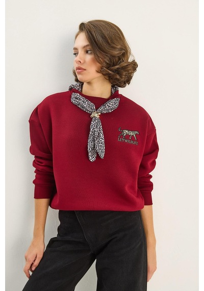 Shade Kadın Fular Detaylı Leopar Nakışlı Üç İplik Şardonlu Oversize Sweatshirt 6917 60283616 - Bordo