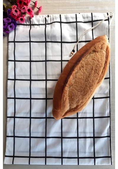 Kareli Ekmeklik - 50x40 Keten Kareli İp Büzgülü Ekmeklik - Ekmek Beyaz