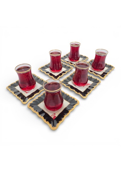 Sudedi Home Gold Yaldızlı Çay Bardağı Seti 6 Kişilik Porselen Tabaklı Çok Renkli