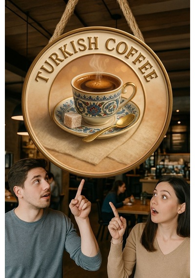 Turkish Coffee Temalı Kapı Süsü Tablosu, Geleneksel Türk Kahvesi Resimli Dekoratif Duvar Aksesuarı