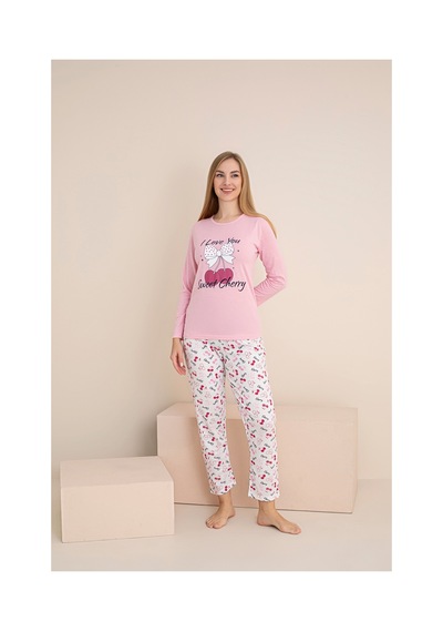 Rindahomewear Kadın Kiraz Baskılı Süprem Uzun Kol Pijama Takımı Pembe