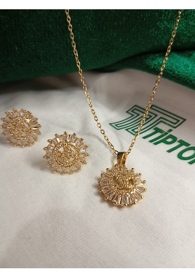 Tiptop/ Gold Renk Zirkon Taşlı Güneş Model Kolye Ve Küpe Set Gold