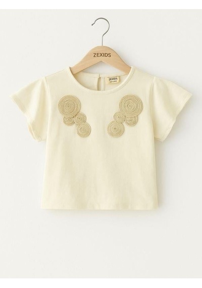 Çikoby Kız Çocuk Etnik Desenli Nakışlı Tasarım T-shirt-15980 Krem