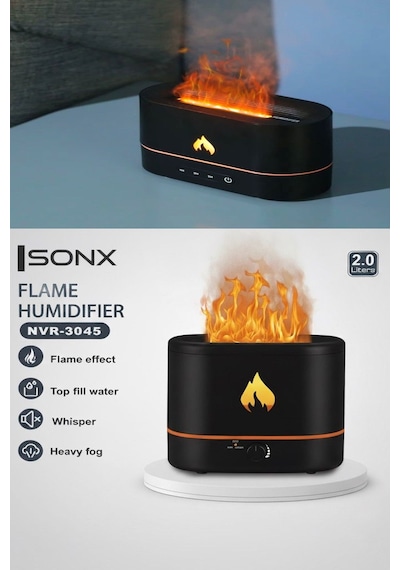 Alev Efektli Ultrasonik Hava Nemlendirici - Sessiz, Otomatik Kapanma, Led Işıklı Aroma Difüzör