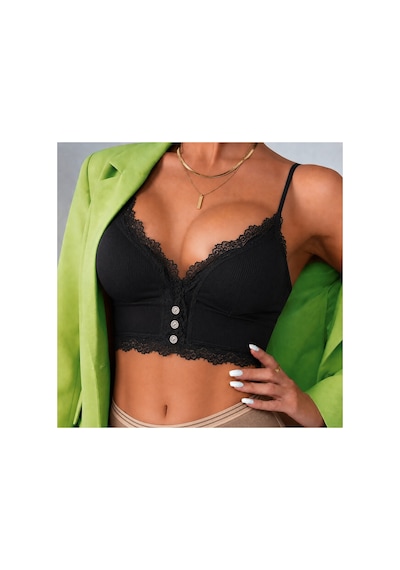Panivue Kaşkorse Dantel Detaylı Dolgulu Pedli Crop Büstiyer Siyah