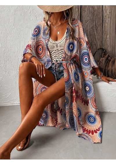 Efnaz Style Kadın Kısa Kollu Önü Açık Belden Kuşaklı Uzun Kimono Kırmızı