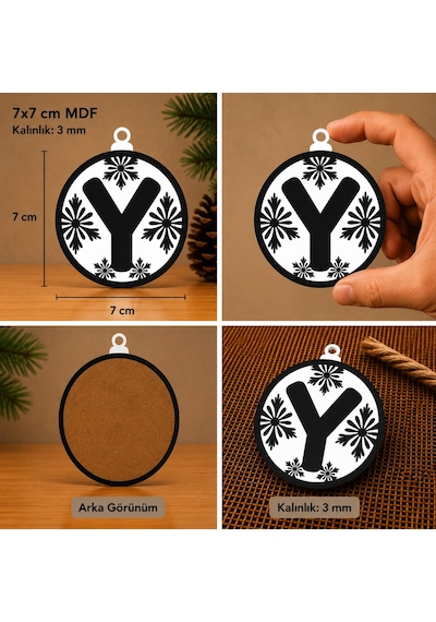 Y Harf Yılbaşı Süsü Mdf Çam Ağacı Desenli Asılabilir Dekor 7x7 Cm