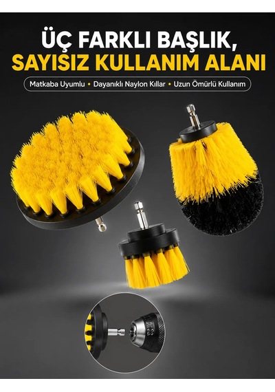 Banyo Ve Mutfak İçin Matkap Ucu Temizlik Fırçası 3 Lü Set Sarı