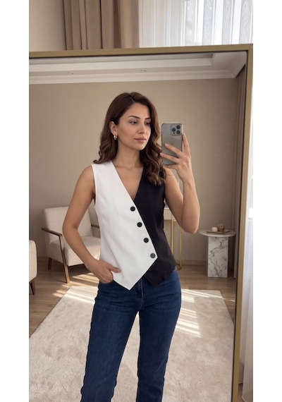 Butik İstanbul Kadın Sıfır Kol V Yakalı Düğmeli Blok Renkli Atlas Yelek Siyah