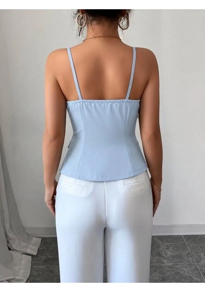 DefyModa Kadın Askılı Önü Döğmeli Atlas Bluz Mavi