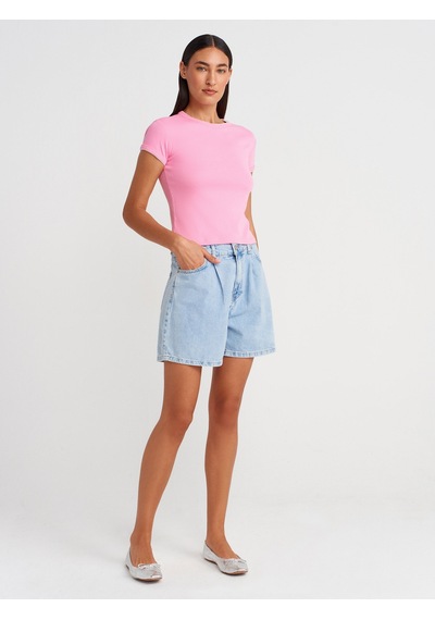 Dilvin 31750 Kontrast Kısa Kollu Tshirt-pembe Pembe