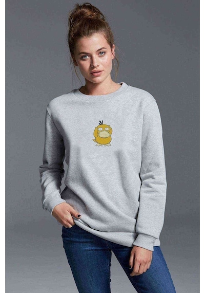 Pokemon Psyduck Baskılı Gri Kadın Sweatshirt