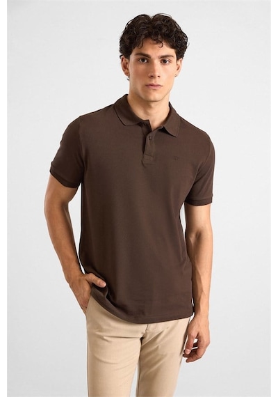 Süvari Koyu Kahve Slim Düz Nakışlı Pike Düğmeli Polo Yaka Tişört Ts1014000474-kh9