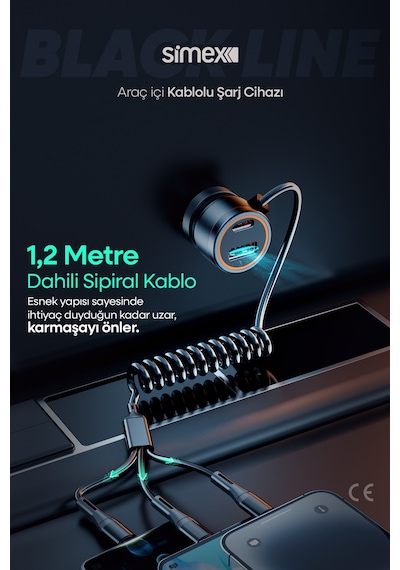 Black Line 60w Araç İçi Şarj Aleti, 5 Port, Spiral Kablolu, Type-c Micro Usb Lightning Uyumlu Siyah