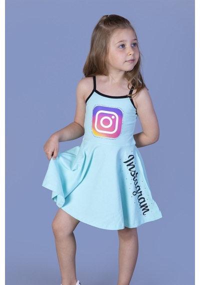 Toontoy Kız Çocuk Instagram Baskılı Elbise Mint Yeşili