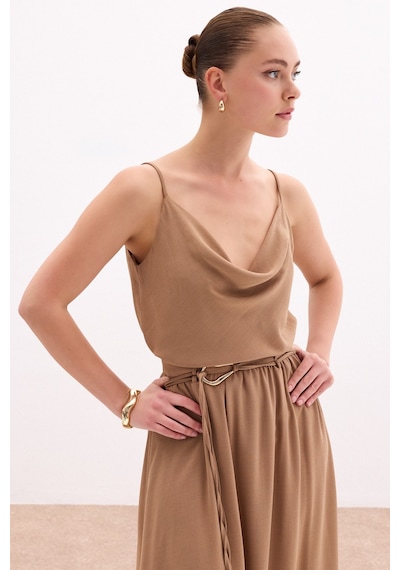 Sateen Degaje Yaka Dökümlü Bluz - Vizon-136051 Vizon