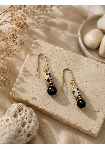 Dalmaçyalı Jasper Ve Oniks Taşı Sallantılı Çelik Küpe Doğaltaş Küpe Siyah - Gold