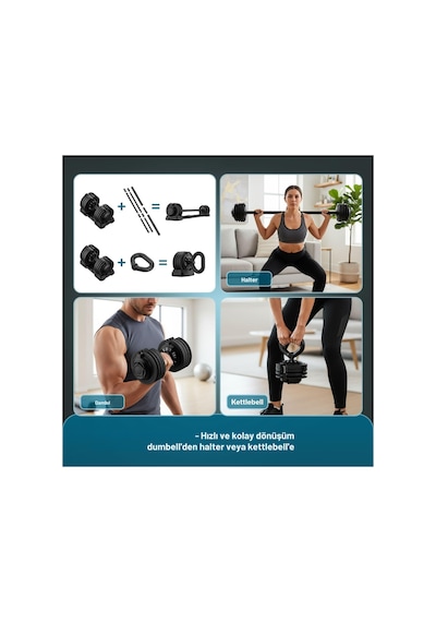 Ayarlanabilir 3 İn 1 Dumbbell Ağırlık Seti Dambıl Halter Kettlebell Kompakt Set 24 Kg