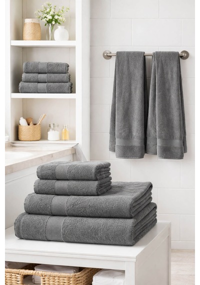 8 Parça %100 Pamuklu Aile Havlu Seti - 4 Adet 70x140 Cm & 4 Adet 50x90 Cm Deeper Antrasit-Antrasit