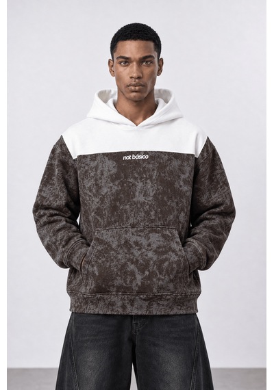 Respire Erkek Not Básico Baskılı Yıkamalı Oversize Hoodie Kahve