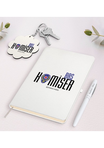 Kişiye Özel Başkomiser Beyaz Defter Kalem Ve Anahtarlık Se