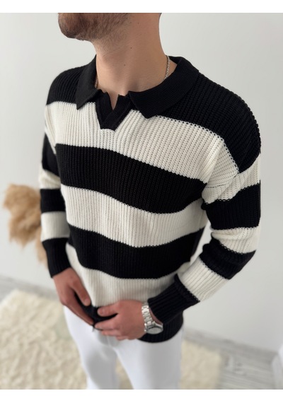 Say-Has Fashion Rahat Kalıp Erkek Polo Yaka Çizgili Triko Kazak Siyah