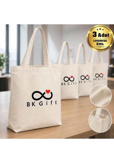 Bk Gift Logonuza Özel 3 Adet Luna Kırık Beyaz Körüklü Keten Bez Çanta 37 X 41 Cm Baskılı Set Bej