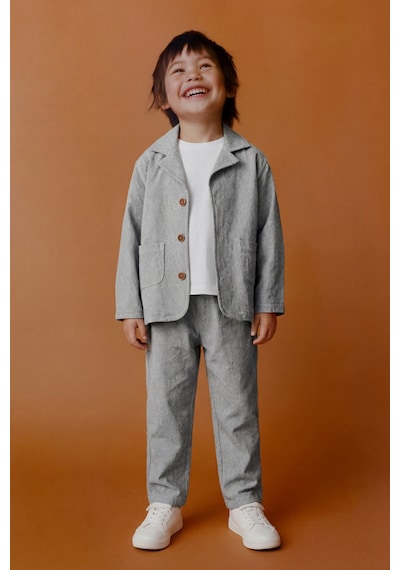 Erkek Çocuk Pamuklu Gri Klasik Ceket Takım - Blazer Ceket & Pantolon + 3'lü T-shirt Set Gri