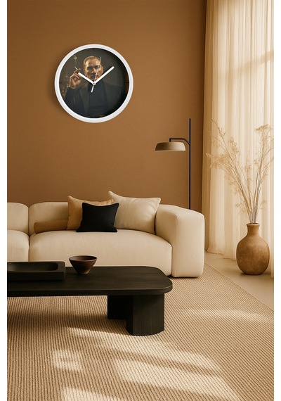 Mustafa Kemal Atatürk Tasarımlı Modern Duvar Saati - 30cm - Önü Camlı Beyaz Kasa - Sessiz Mekanizma-jh0997 Beyaz