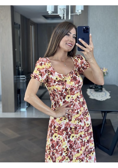 Forlady Sarı Desenli Prenses Kol Yırtmaçlı Bürümcük Kadın Elbise - Sarı